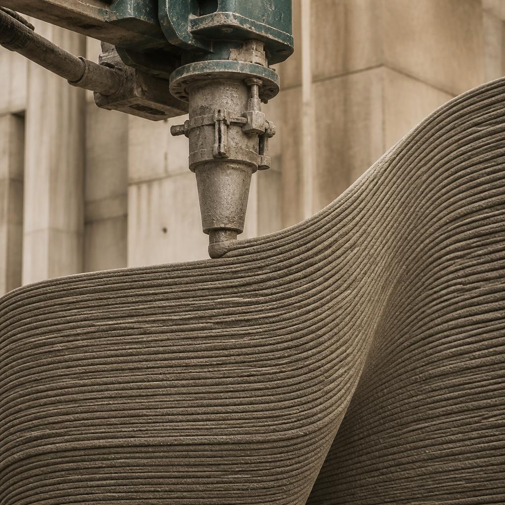 Close-up of a 3D construction robot printing concrete