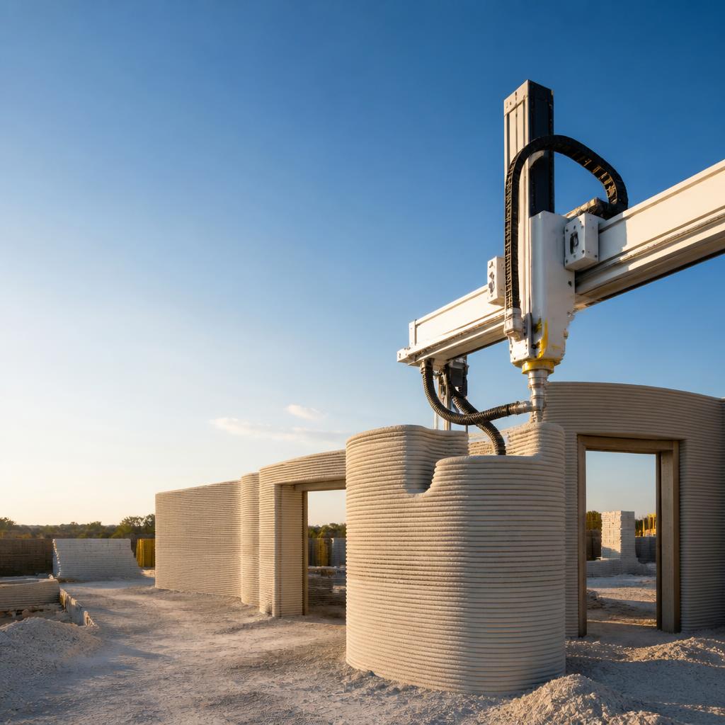 A 3D concrete printing robot building a home